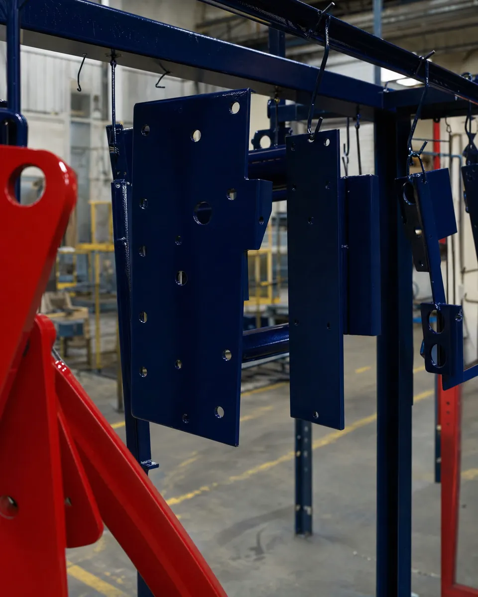 Steel brackets finished in dark blue powder coat, hanging on a rack on the APC shop floor