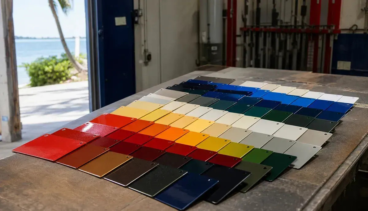 Powder-coated sample panels showing available colors and finishes