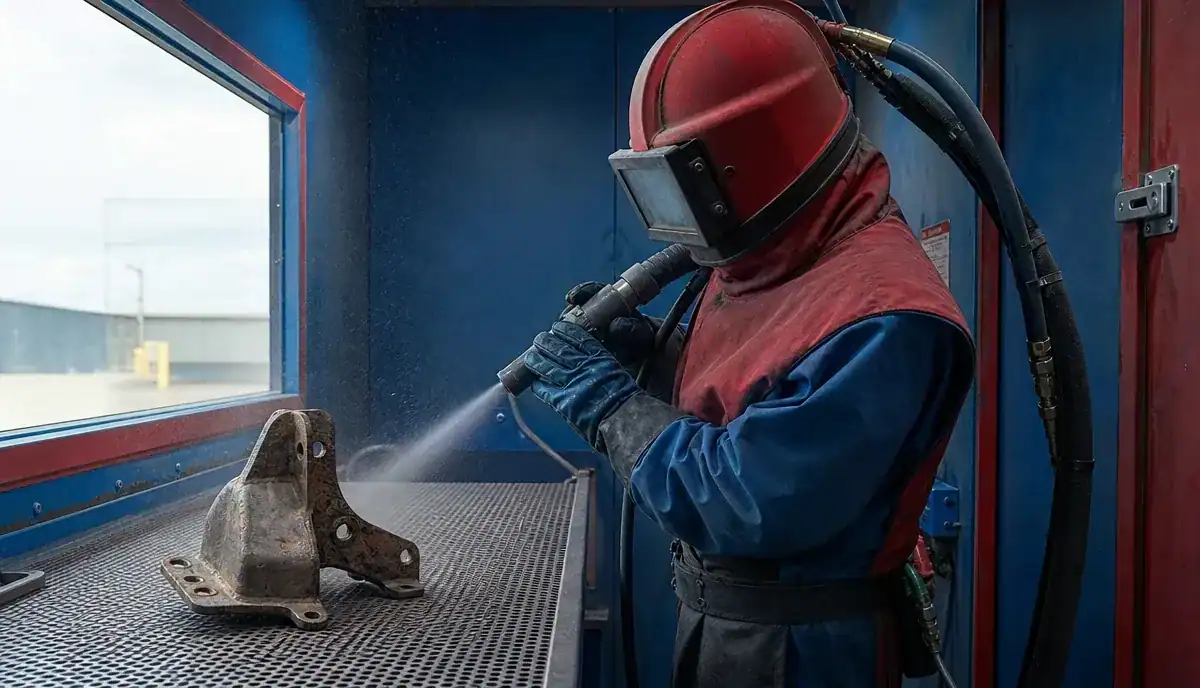 APC crew garnet-blasting metal parts back to bare metal